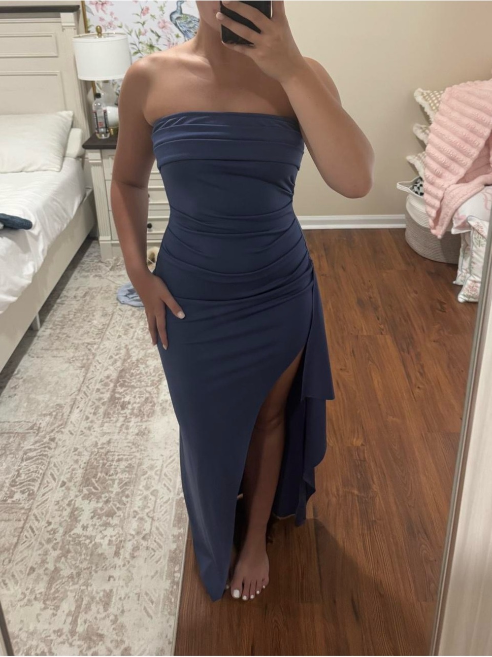 SHEIN Strapless Navy Blue Ruched Gown with Side Slit